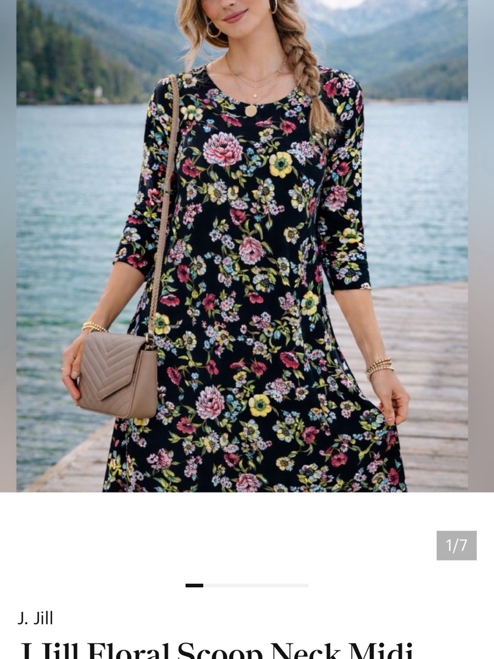 J Jill Black Floral Midi Dress with Pink & Yellow Blooms